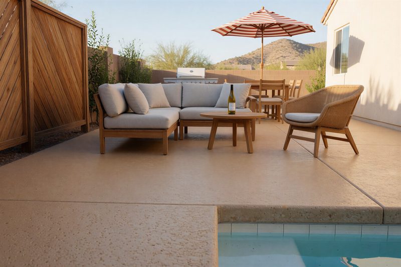 Round outdoor table and two chairs casting long shadows on a gray coated concrete patio