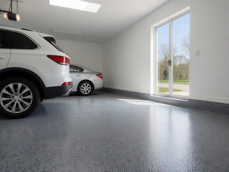 Installer spreading a gray base coat over ground concrete with a long-handled applicator
